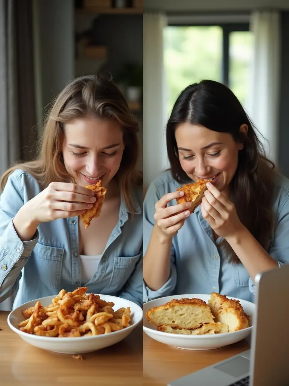 A side-by-side visual comparing eating speeds and calorie intake: on the left, a fast eater consuming a full plate with a higher calorie total; on the right, a slow eater with a smaller portion and lower calorie count. Both panels include icons or labels indicating approximate calories consumed and a speedometer graphic illustrating eating pace.