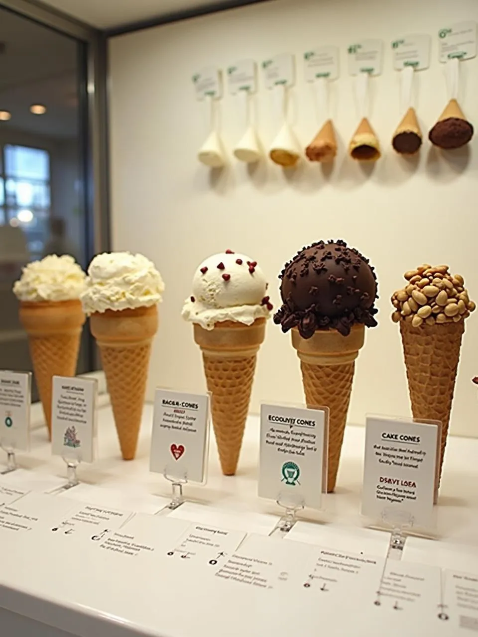 Display of various ice cream cones from hand-rolled waffle cones to modern gourmet varieties, showing the cone’s evolution.

