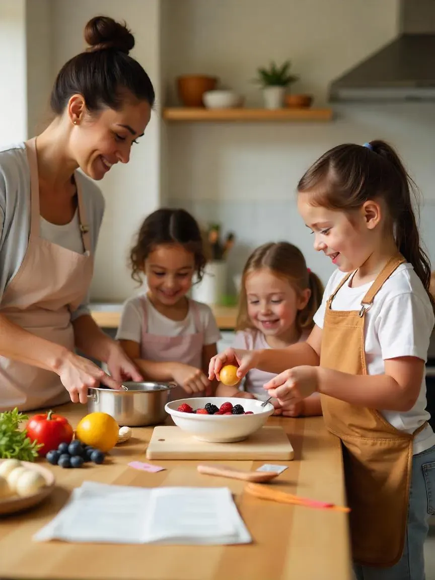 A family cooking together in a warm kitchen, with children of different ages helping prepare a meal using colorful tools and fresh ingredients.