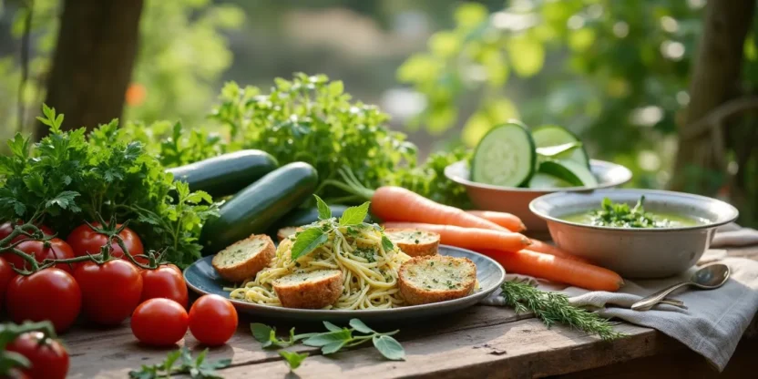 Farm-to-table spread featuring fresh vegetables and homemade dishes on a rustic wooden table, with a lush garden in the background under warm sunlight.