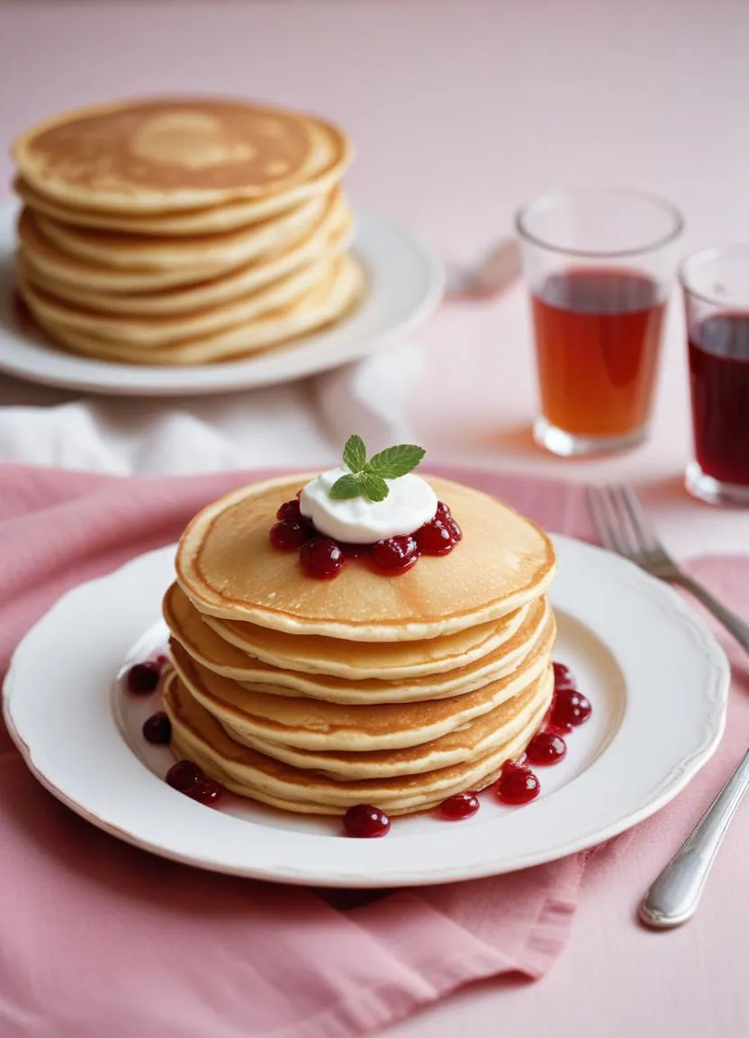 Traditional Swedish pannkakor arranged on a plate, garnished with butter and accompanied by a cup of coffee.