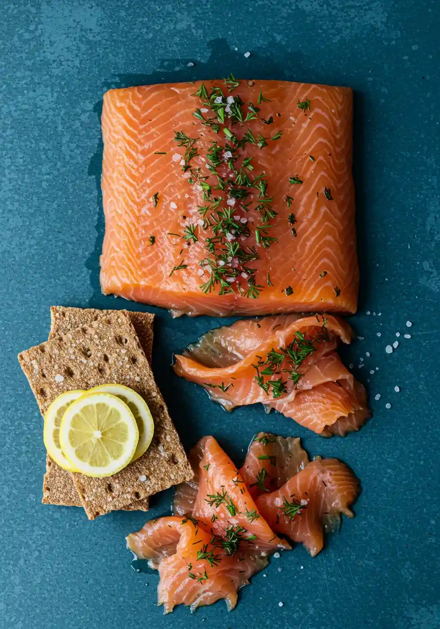 Chilled gravad lax served in a glass, accompanied by fresh dill, crispy bread, and a drizzle of mustard sauce.