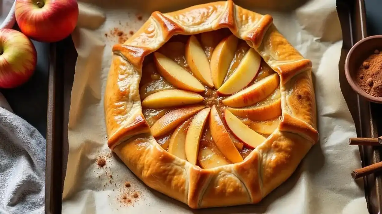 Rustic Finnish apple pie (Omenapiirakka) with a golden flaky crust and spiced apple filling, styled as a galette on parchment paper, surrounded by fresh apples and autumn kitchen decor.