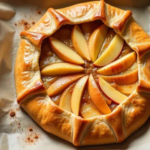 Rustic Finnish apple pie (Omenapiirakka) with a golden flaky crust and spiced apple filling, styled as a galette on parchment paper, surrounded by fresh apples and autumn kitchen decor.