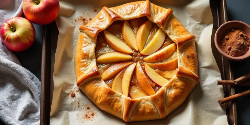Rustic Finnish apple pie (Omenapiirakka) with a golden flaky crust and spiced apple filling, styled as a galette on parchment paper, surrounded by fresh apples and autumn kitchen decor.