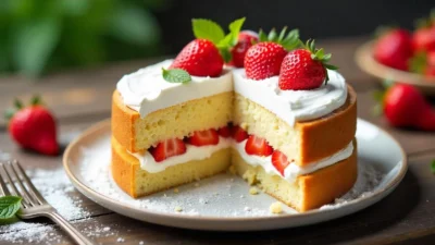 Finnish Brita Cake sliced to show layers of sponge, meringue, whipped cream, and strawberries, served on a rustic table with powdered sugar on top.