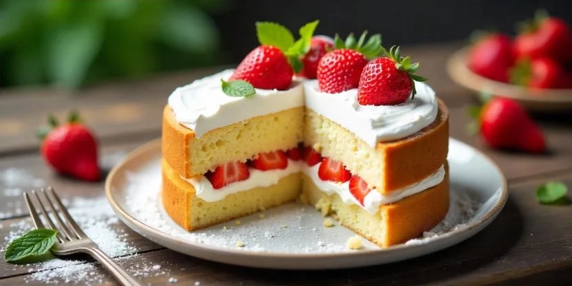 Finnish Brita Cake sliced to show layers of sponge, meringue, whipped cream, and strawberries, served on a rustic table with powdered sugar on top.