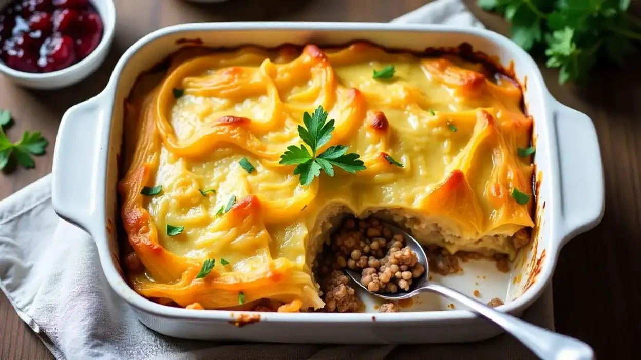 Overhead view of a Finnish cabbage casserole (Kaalilaatikko) with golden baked cabbage, ground beef, and rice, served with lingonberry jam on a rustic wooden table.