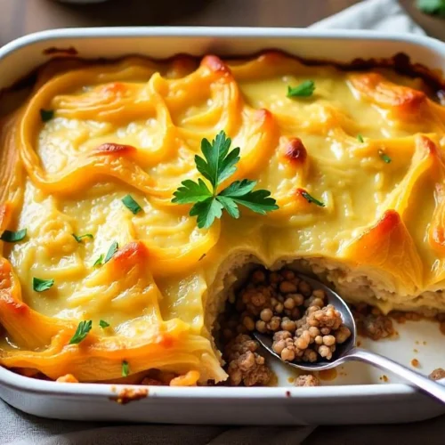 Overhead view of a Finnish cabbage casserole (Kaalilaatikko) with golden baked cabbage, ground beef, and rice, served with lingonberry jam on a rustic wooden table.