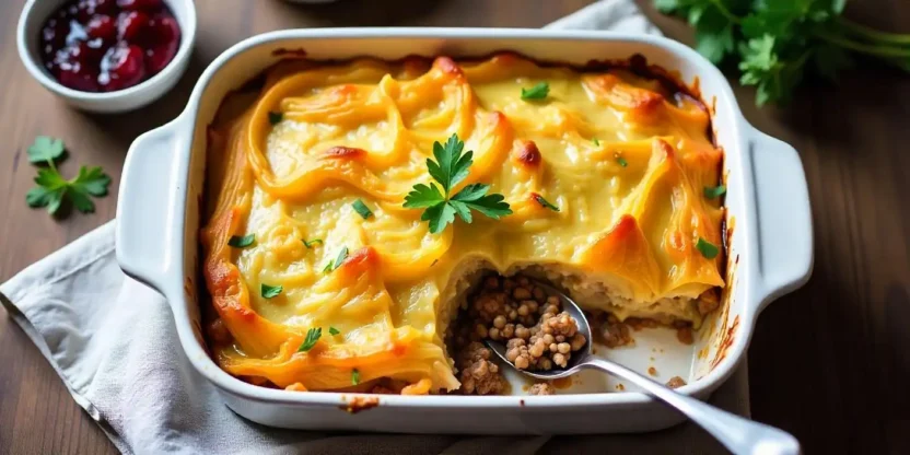 Overhead view of a Finnish cabbage casserole (Kaalilaatikko) with golden baked cabbage, ground beef, and rice, served with lingonberry jam on a rustic wooden table.
