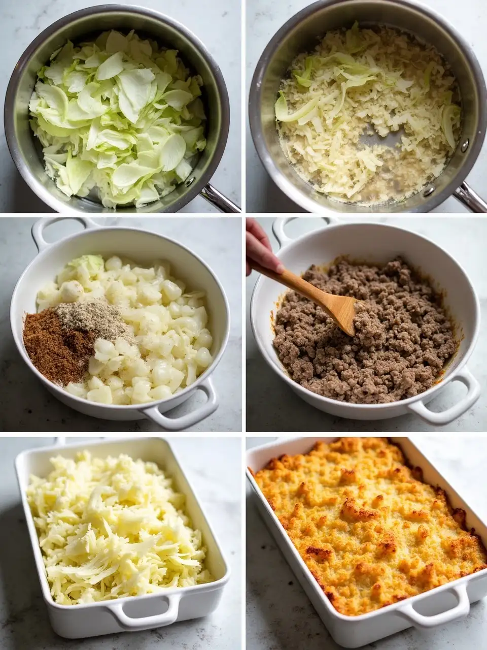 Step-by-step preparation of Finnish cabbage casserole (Kaalilaatikko), showing cabbage boiling, beef and rice mixture, and the casserole being layered and baked.