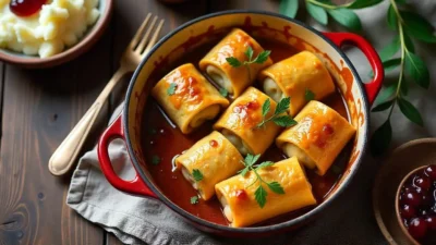 Finnish cabbage rolls (Kaalikääryleet) filled with minced meat and rice, baked until golden and served with lingonberry sauce.