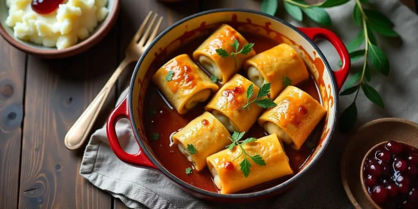Finnish cabbage rolls (Kaalikääryleet) filled with minced meat and rice, baked until golden and served with lingonberry sauce.