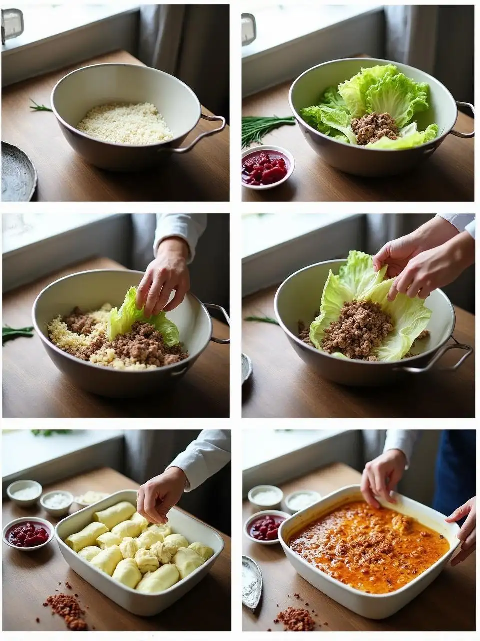 Step-by-step preparation of Finnish cabbage rolls (Kaalikääryleet), from cooking and rolling to baking and serving.