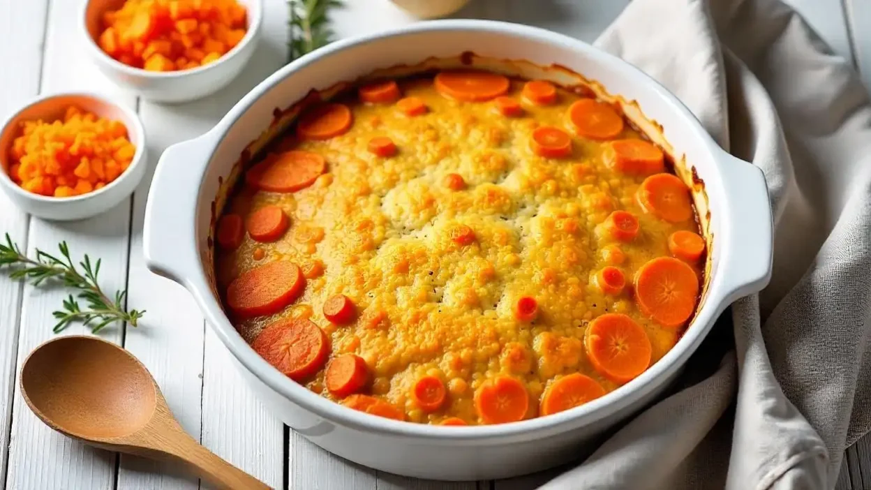 Overhead view of traditional Finnish Carrot Casserole (Porkkanalaatikko) with golden breadcrumb topping, served in a rustic ceramic dish, styled with grated carrots and fresh herbs in a Scandinavian kitchen setting.
