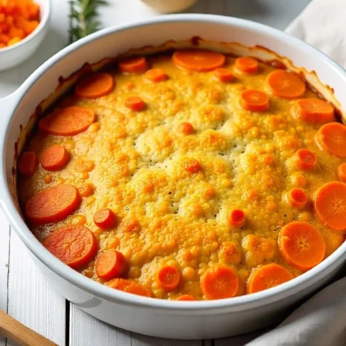 Overhead view of traditional Finnish Carrot Casserole (Porkkanalaatikko) with golden breadcrumb topping, served in a rustic ceramic dish, styled with grated carrots and fresh herbs in a Scandinavian kitchen setting.