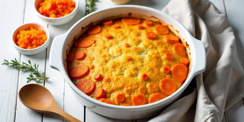 Overhead view of traditional Finnish Carrot Casserole (Porkkanalaatikko) with golden breadcrumb topping, served in a rustic ceramic dish, styled with grated carrots and fresh herbs in a Scandinavian kitchen setting.
