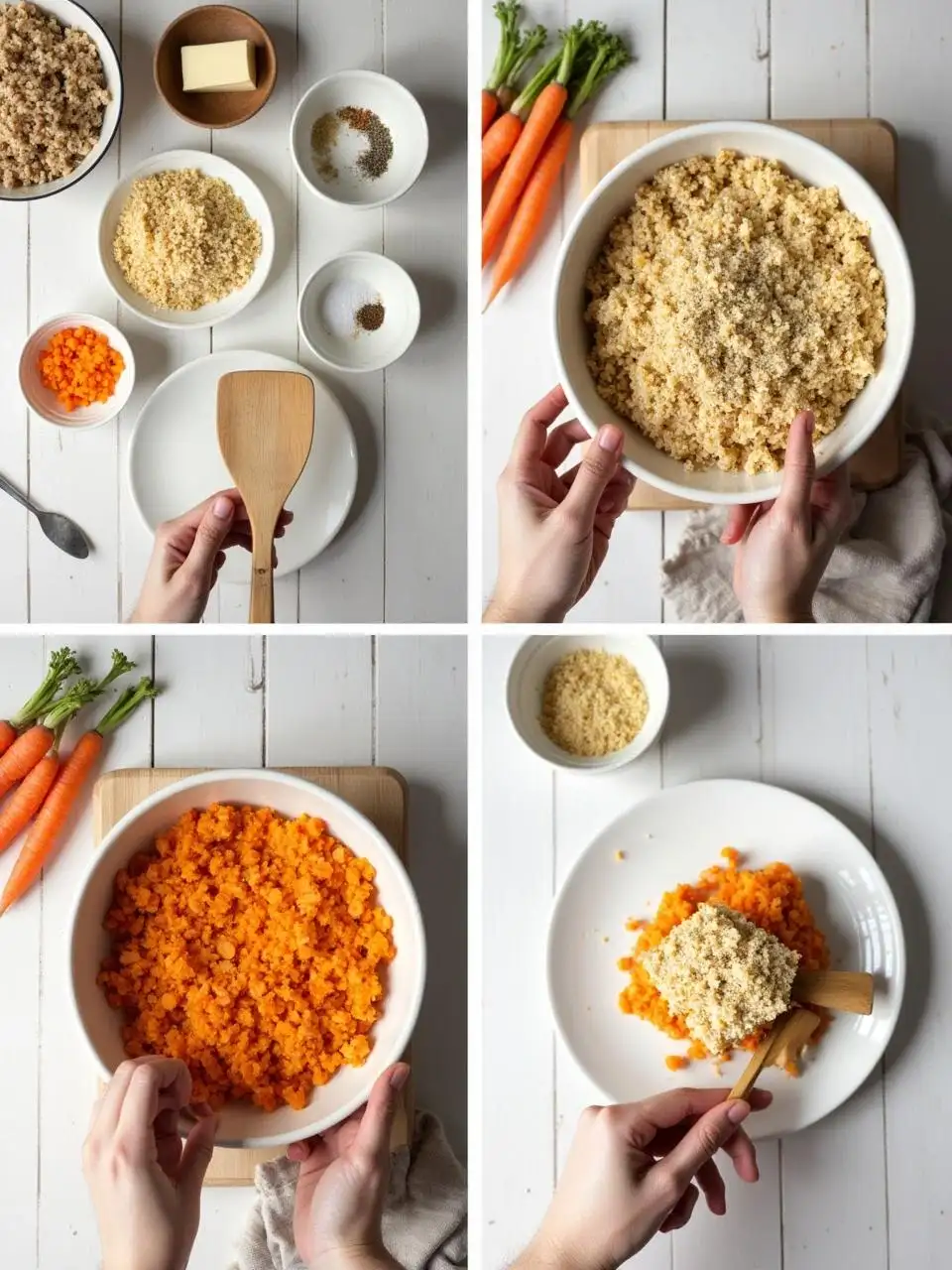 Step-by-step process of making traditional Finnish Carrot Casserole (Porkkanalaatikko), including mixing ingredients, baking, adding crumb topping, and serving the finished dish in a cozy Scandinavian kitchen setting.