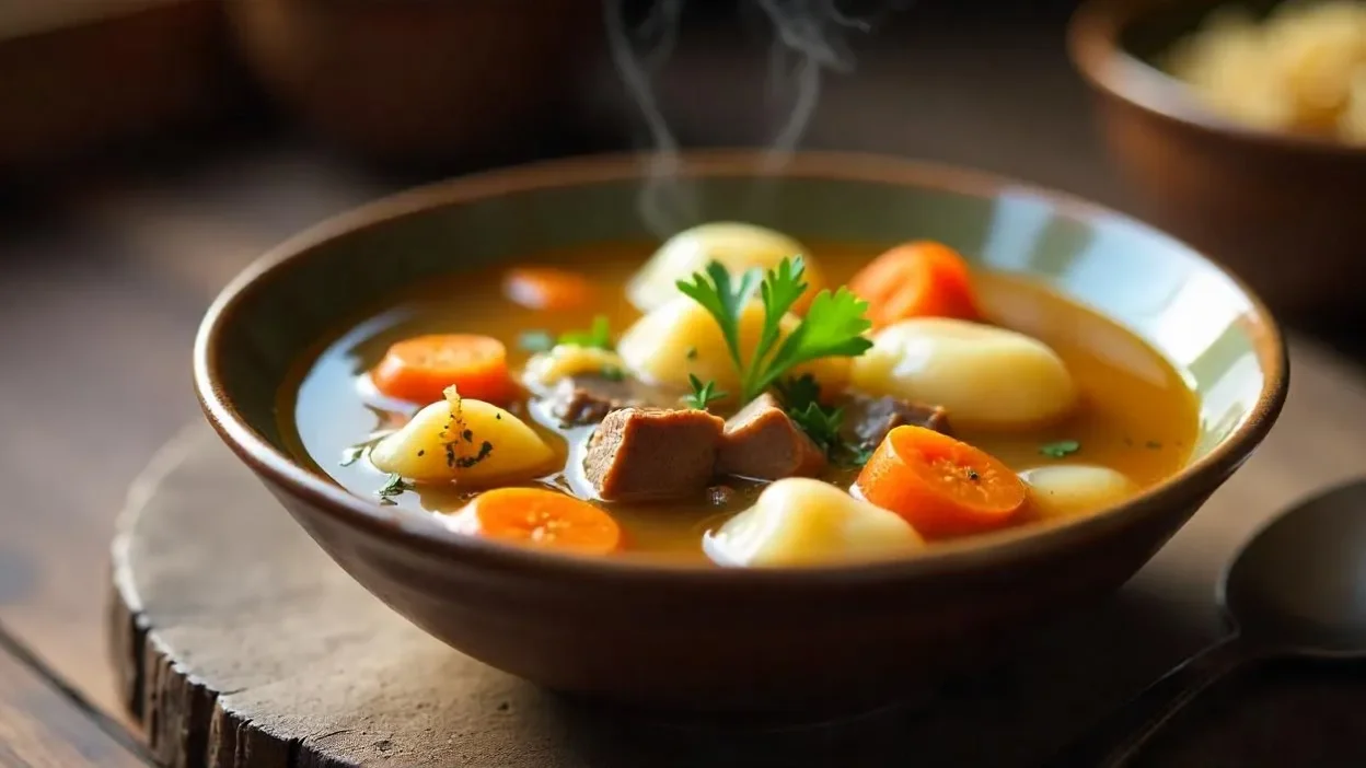 A bowl of traditional Finnish Dumpling Soup (Klimppisoppa) with beef, root vegetables, and dumplings in clear broth, served on a rustic wooden table.
