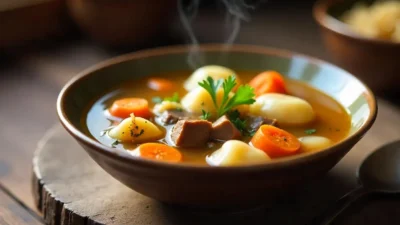 A bowl of traditional Finnish Dumpling Soup (Klimppisoppa) with beef, root vegetables, and dumplings in clear broth, served on a rustic wooden table.