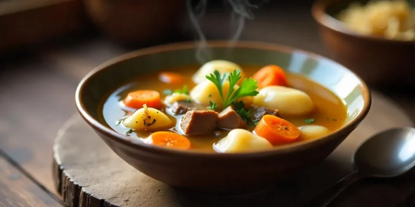A bowl of traditional Finnish Dumpling Soup (Klimppisoppa) with beef, root vegetables, and dumplings in clear broth, served on a rustic wooden table.