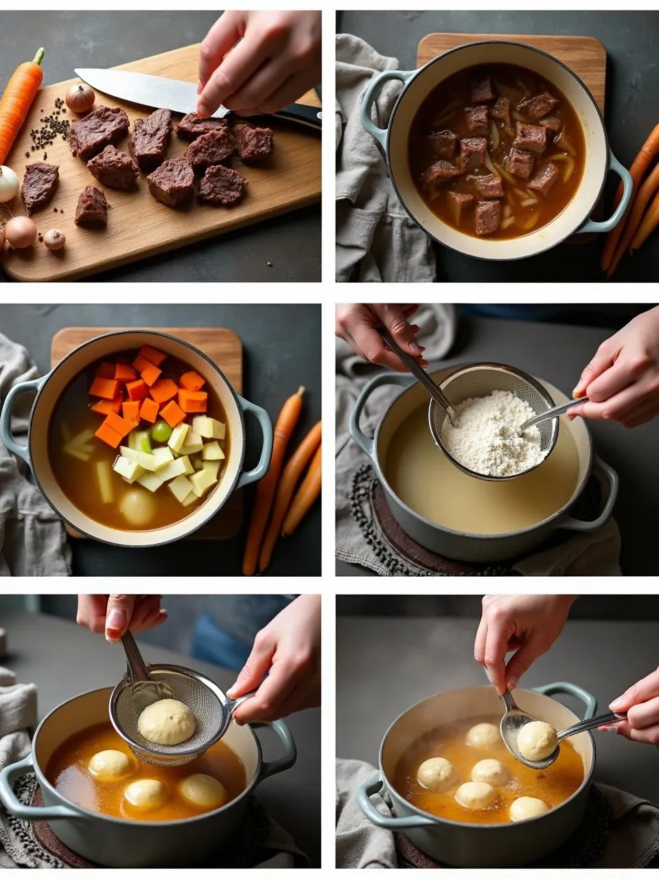 Step-by-step images showing the preparation of traditional Finnish Dumpling Soup (Klimppisoppa), including beef simmering, vegetables being chopped, and dumplings being added.