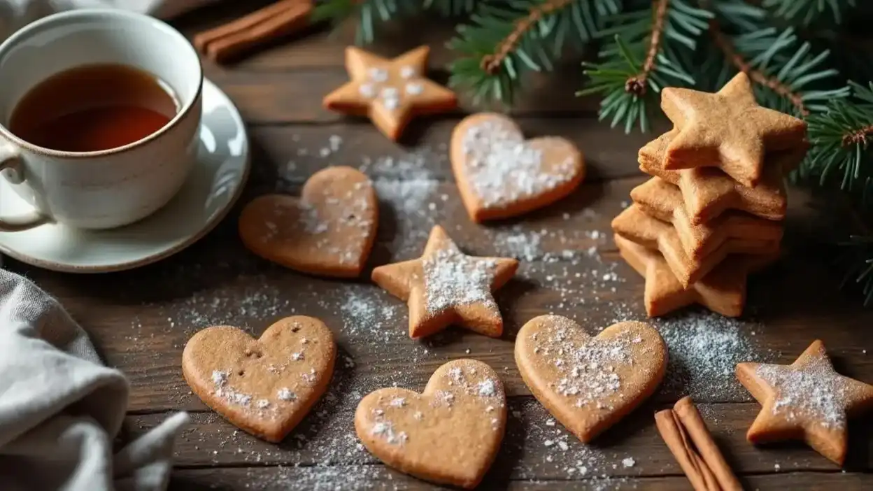 Traditional Finnish gingerbread cookies (piparkakut) in festive shapes on a rustic table with a mug of coffee and holiday decorations