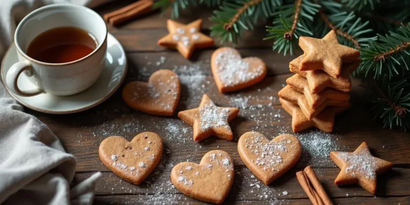 Traditional Finnish gingerbread cookies (piparkakut) in festive shapes on a rustic table with a mug of coffee and holiday decorations