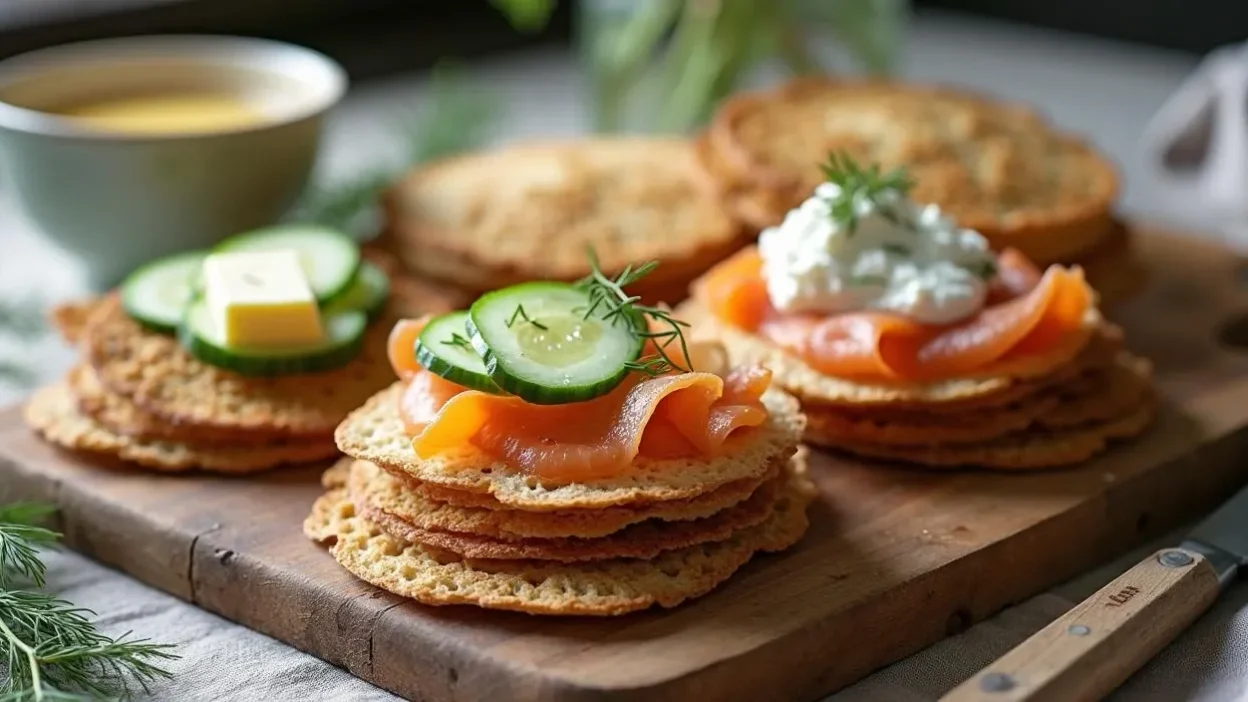 A stack of Finnish rye crispbreads (Hapankorppu) served with butter, cucumber, and smoked salmon on a rustic wooden table.