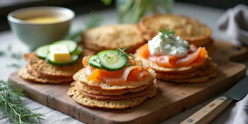 A stack of Finnish rye crispbreads (Hapankorppu) served with butter, cucumber, and smoked salmon on a rustic wooden table.
