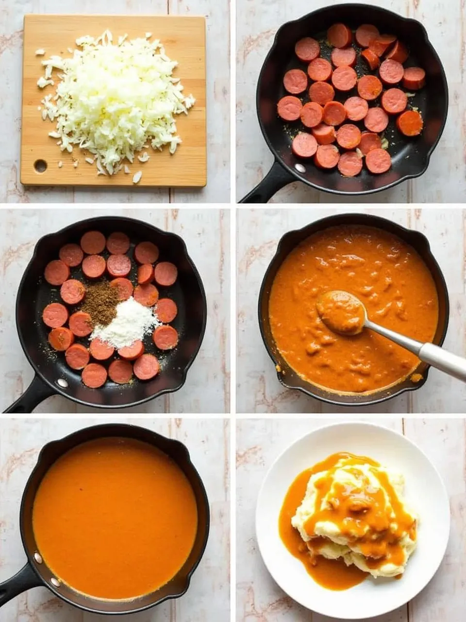 Step-by-step images showing how to prepare Finnish Hot Dog Sauce (Nakkikastike), from slicing ingredients to cooking and serving over potatoes.