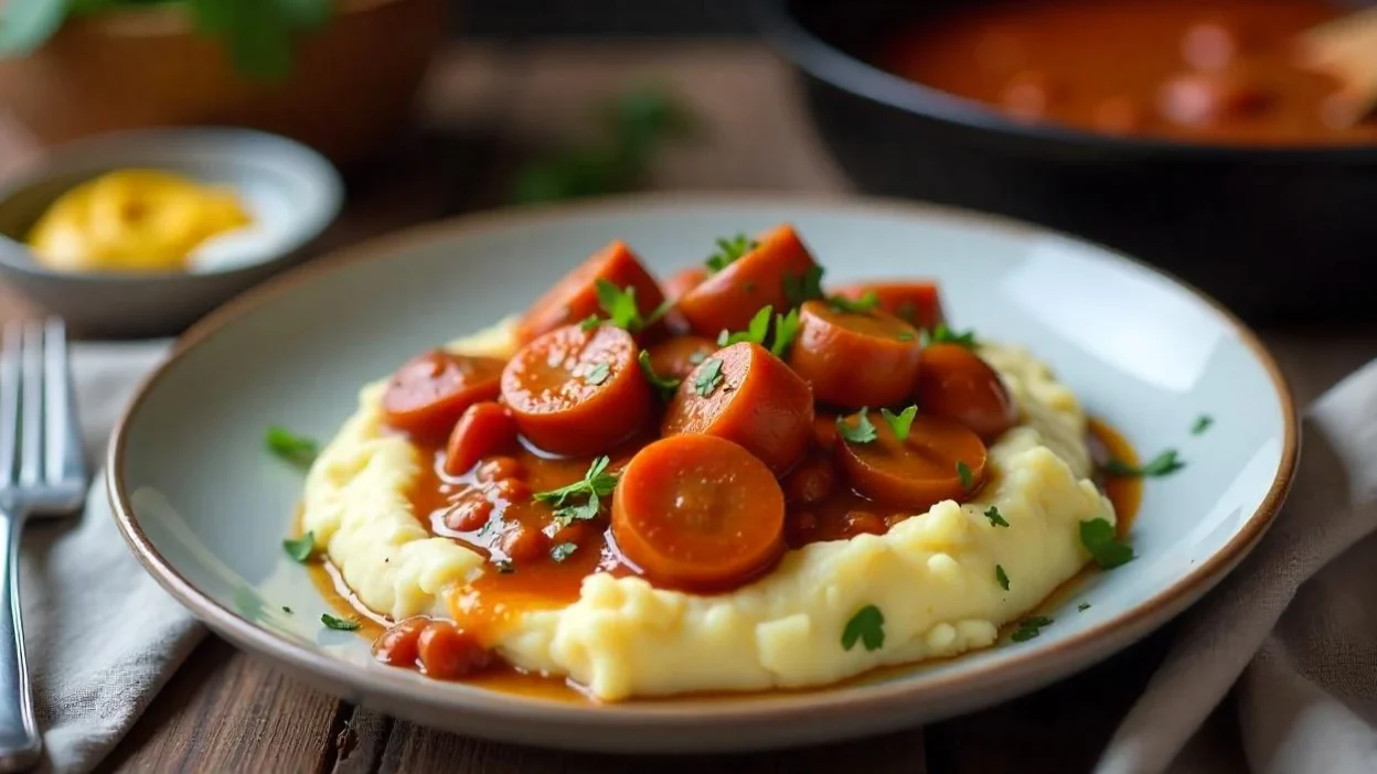 Finnish Hot Dog Sauce (Nakkikastike) served over mashed potatoes on a rustic plate, garnished with parsley, with a cozy Nordic kitchen vibe.