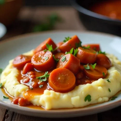 Finnish Hot Dog Sauce (Nakkikastike) served over mashed potatoes on a rustic plate, garnished with parsley, with a cozy Nordic kitchen vibe.
