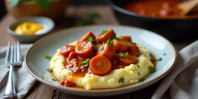 Finnish Hot Dog Sauce (Nakkikastike) served over mashed potatoes on a rustic plate, garnished with parsley, with a cozy Nordic kitchen vibe.