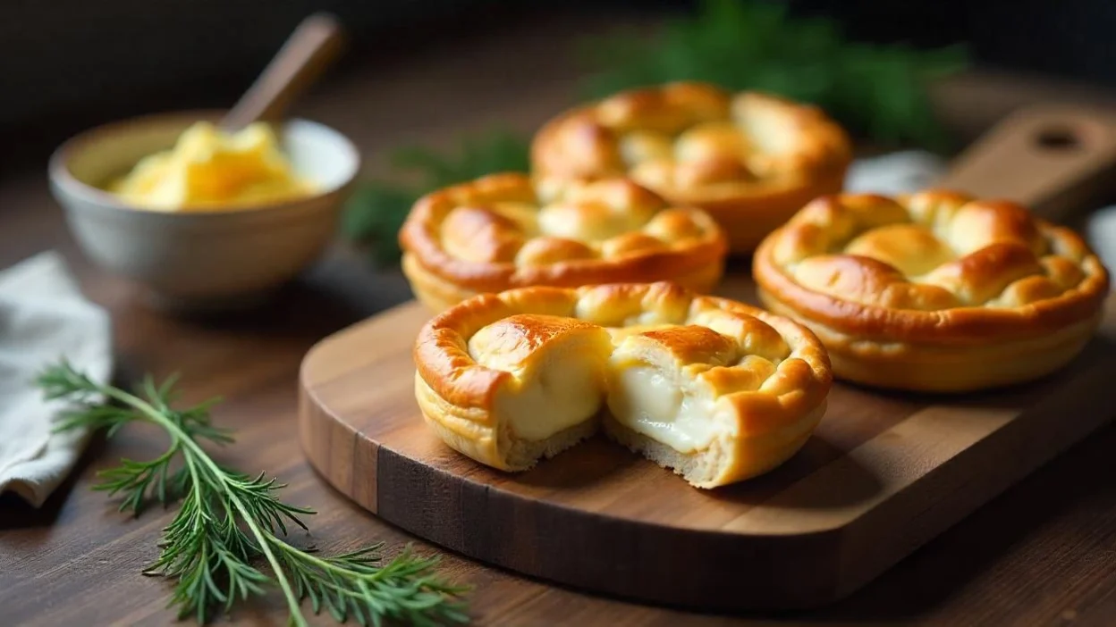Freshly baked Finnish Karelian pies (Karjalanpiirakka) with rice filling and egg butter on a rustic wooden table