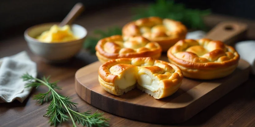 Freshly baked Finnish Karelian pies (Karjalanpiirakka) with rice filling and egg butter on a rustic wooden table