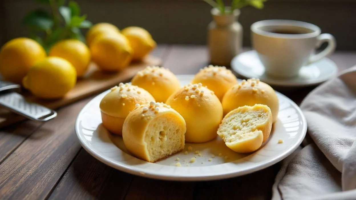 Freshly baked Finnish lemon buns (Sitruunapullat) on a rustic table, topped with pearl sugar, served with lemons and coffee in a cozy Scandinavian kitchen setting.