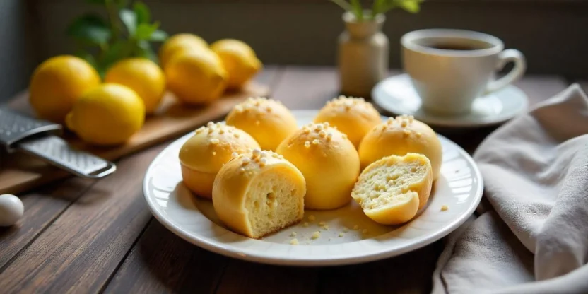 Freshly baked Finnish lemon buns (Sitruunapullat) on a rustic table, topped with pearl sugar, served with lemons and coffee in a cozy Scandinavian kitchen setting.
