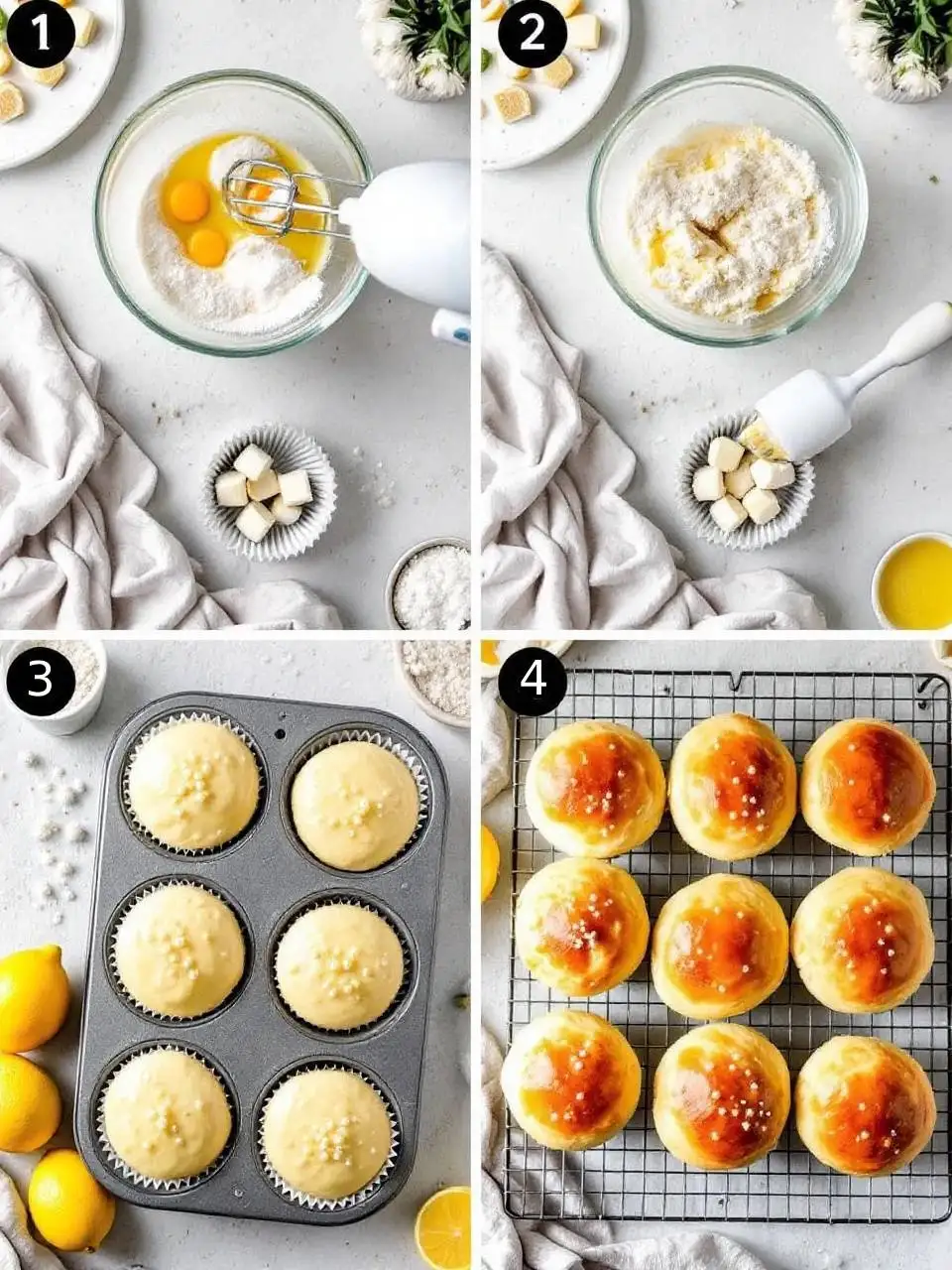 Step-by-step preparation of Finnish lemon buns (Sitruunapullat), showing each stage from mixing the batter to baking and cooling the buns.