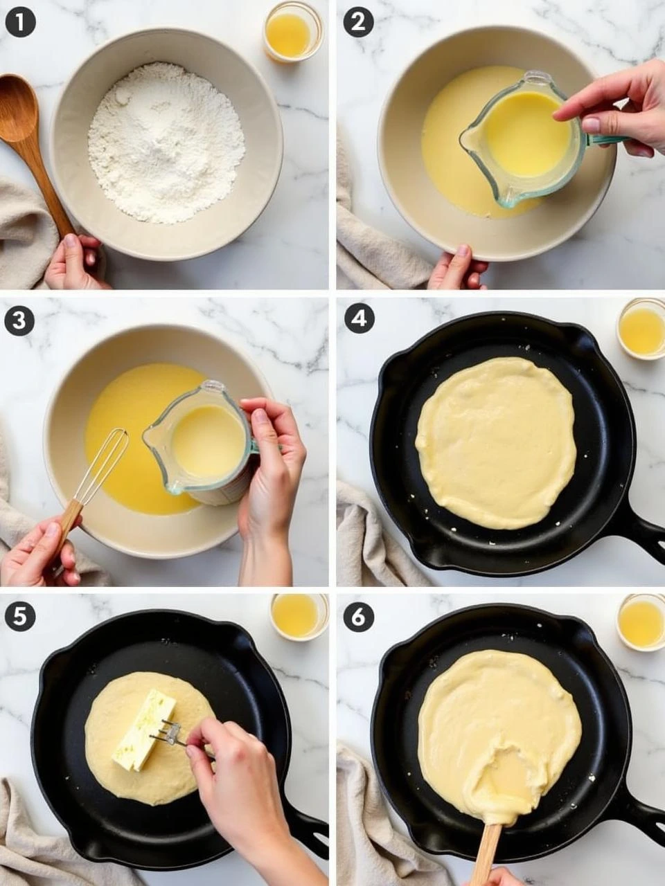 Step-by-step preparation of Finnish lettu pancakes, from mixing batter to frying golden pancakes in a skillet.