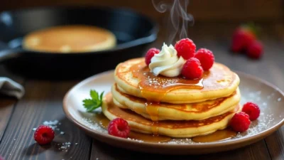 Thin Finnish pancakes (lettu) with crispy edges, topped with whipped cream and fresh berries, served on a rustic plate with a cast iron skillet in the background.