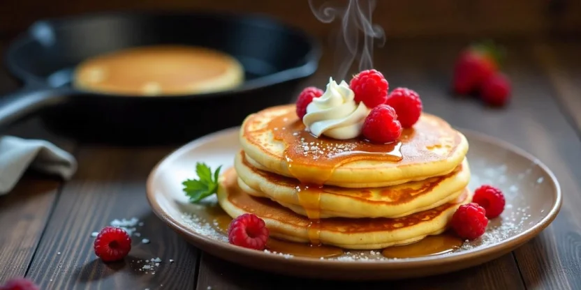 Thin Finnish pancakes (lettu) with crispy edges, topped with whipped cream and fresh berries, served on a rustic plate with a cast iron skillet in the background.