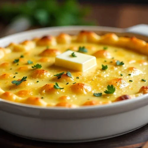 Fluffy Finnish mashed potato casserole with golden breadcrumb topping served in a white ceramic dish, styled with rustic Nordic kitchen decor.