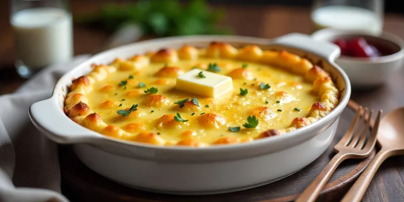 Fluffy Finnish mashed potato casserole with golden breadcrumb topping served in a white ceramic dish, styled with rustic Nordic kitchen decor.