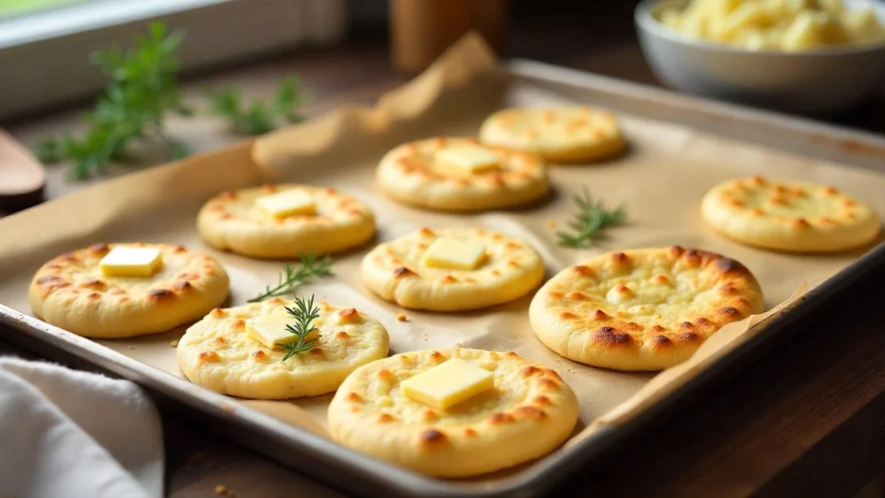 Freshly baked Finnish potato flatbreads (Perunarieska) on a parchment-lined tray, topped with butter and herbs in a rustic Nordic kitchen setting.