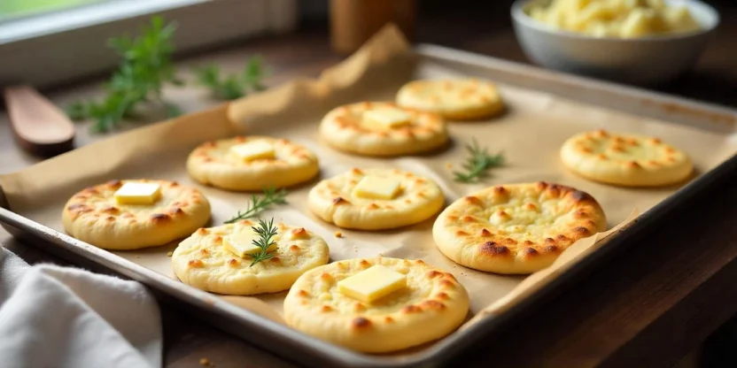 Freshly baked Finnish potato flatbreads (Perunarieska) on a parchment-lined tray, topped with butter and herbs in a rustic Nordic kitchen setting.