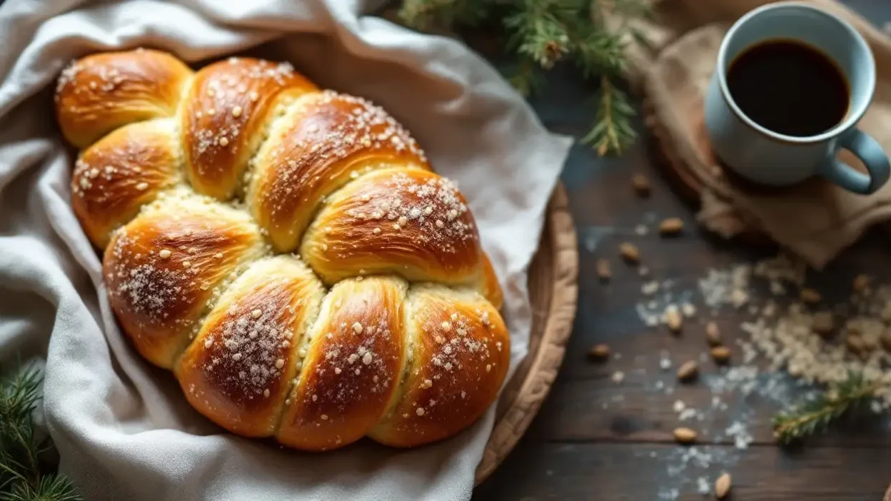 Freshly baked Finnish Pulla bread braided and topped with pearl sugar, served on a rustic table with cardamom pods and coffee.