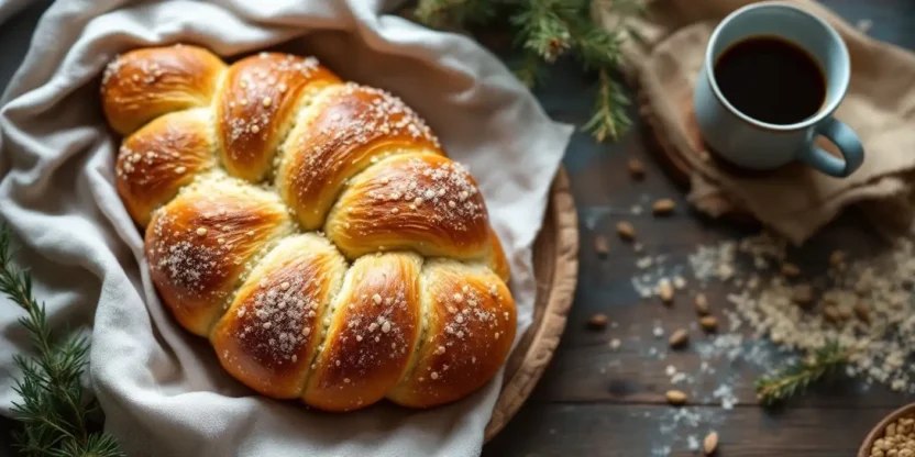 Freshly baked Finnish Pulla bread braided and topped with pearl sugar, served on a rustic table with cardamom pods and coffee.