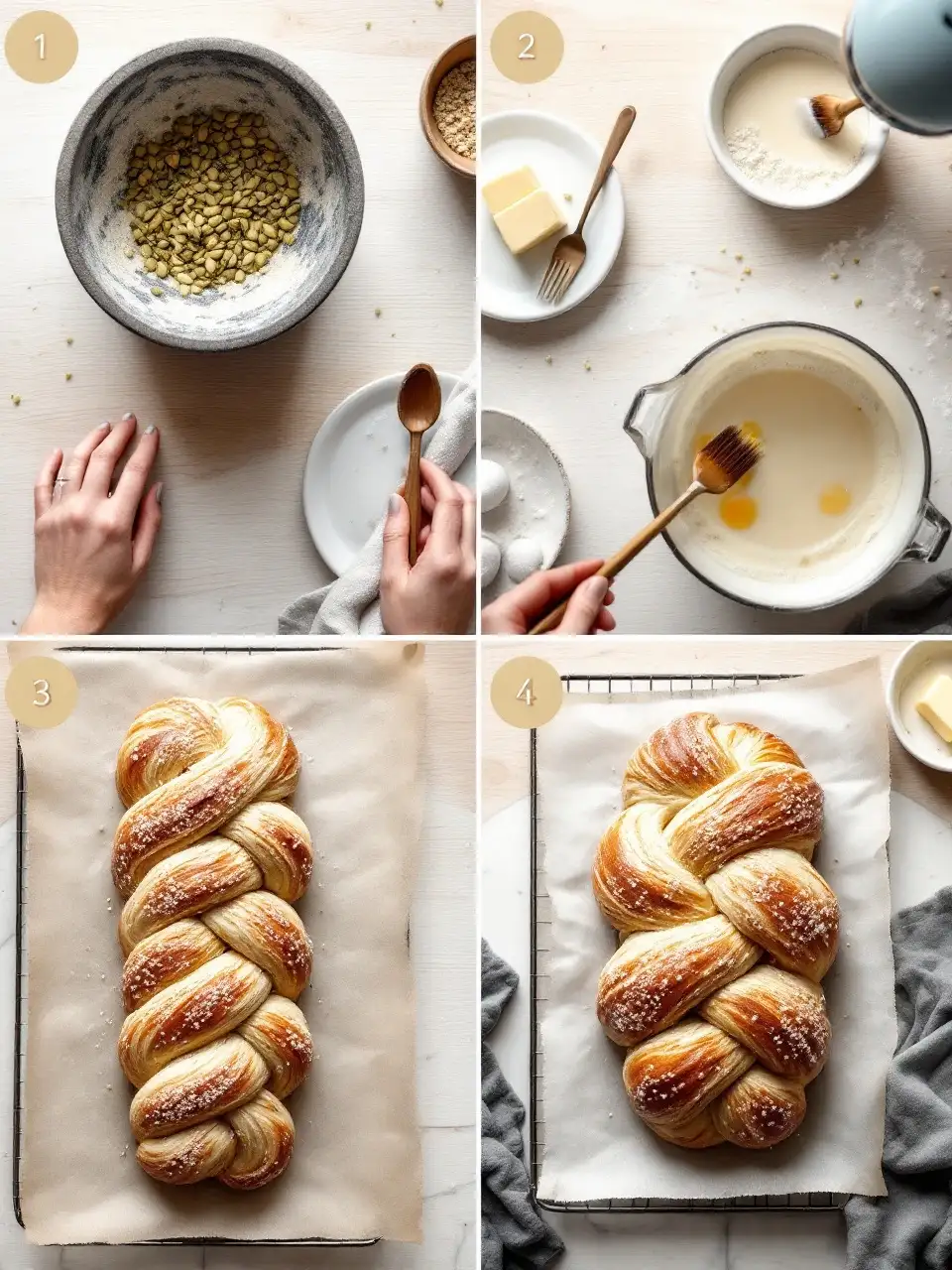 Step-by-step process of making Finnish Pulla bread, from grinding cardamom to braiding and baking the sweet cardamom loaf.