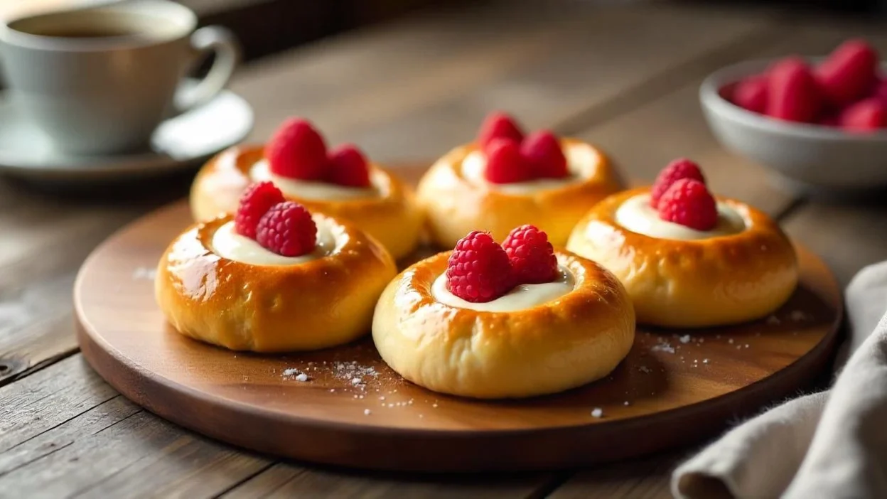 Freshly baked Finnish Quark Buns filled with creamy quark and raspberries, arranged on a rustic tray with coffee on a wooden table.